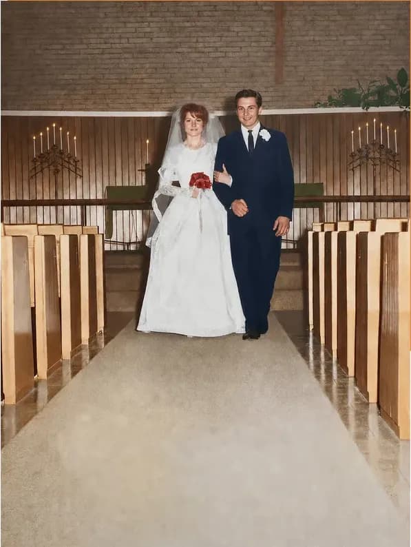 The same 1950s-1970s photograph after hand colorization by MemoryCherish, natural color added