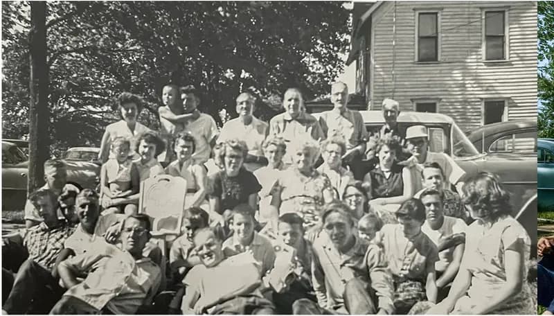 A treasured black-and-white photograph, worn with time, before being restored