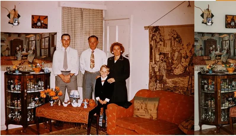 Discoloration on a 1950s-1970s photograph, before hand restoration by MemoryCherish artists