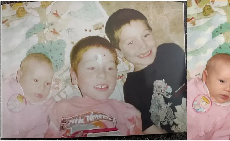 Discoloration on a 1980s-plus photograph, before hand restoration by MemoryCherish artists