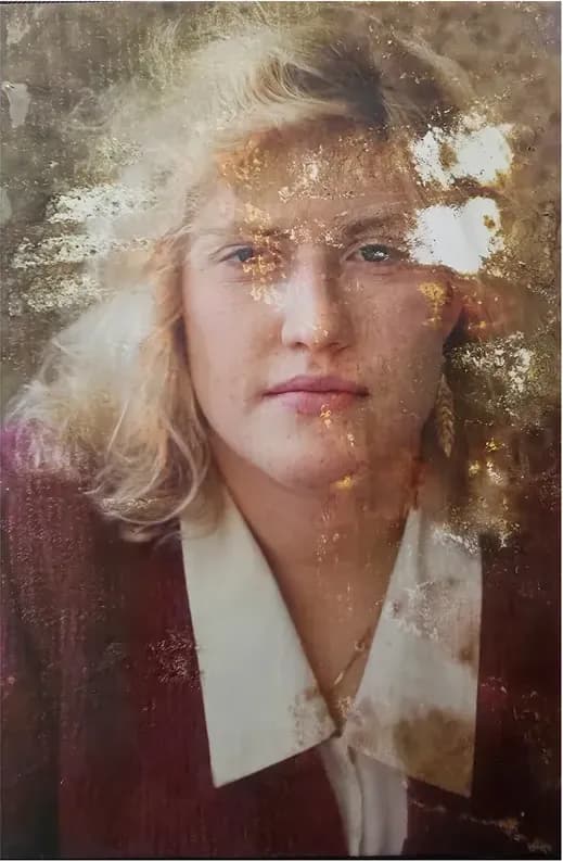 Water damage on a 1980s-plus photograph, before hand restoration by MemoryCherish artists