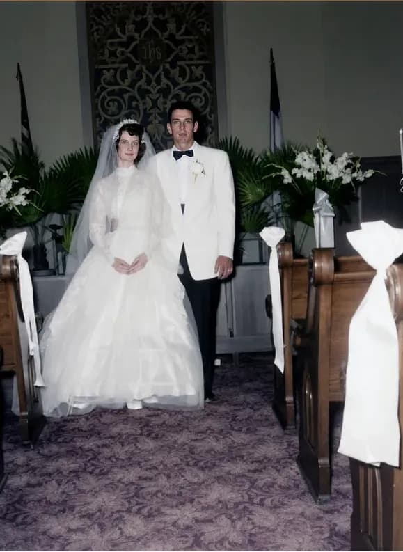 The same 1950s-1970s photo restored by hand at MemoryCherish, creases and tears corrected and clarity brought back