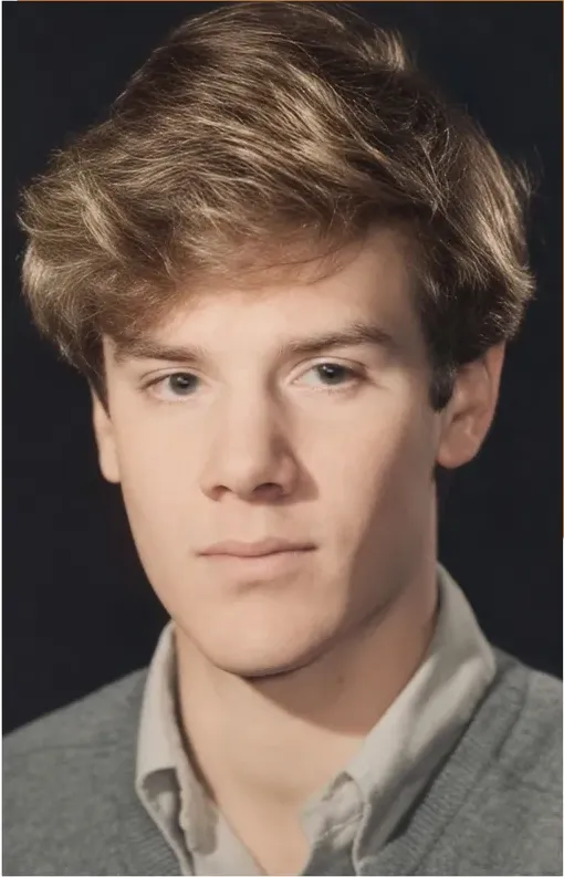 The same 1980s-plus photograph after hand restoration by MemoryCherish, stains and marks repaired and detail recovered