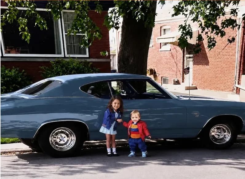 The same 1980s-plus photo restored by hand at MemoryCherish, stains and marks corrected and clarity brought back