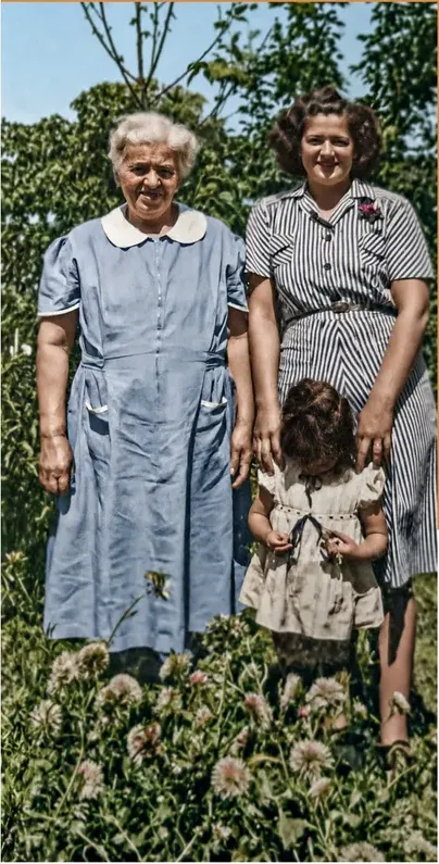 The same 1950s-1970s photograph after hand colorization by MemoryCherish, natural color added