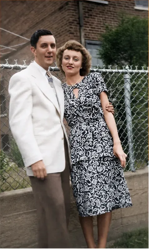 The same pre-1950 photograph after hand colorization by MemoryCherish, natural color added