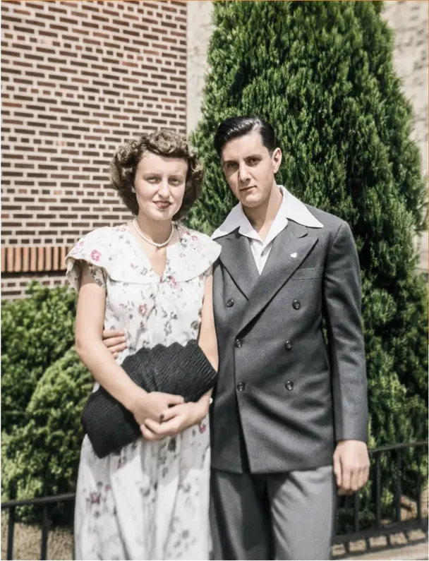 The same 1950s-1970s photograph after hand colorization by MemoryCherish, natural color added
