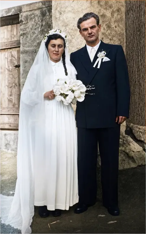 The same pre-1950 photograph after hand colorization by MemoryCherish, natural color added