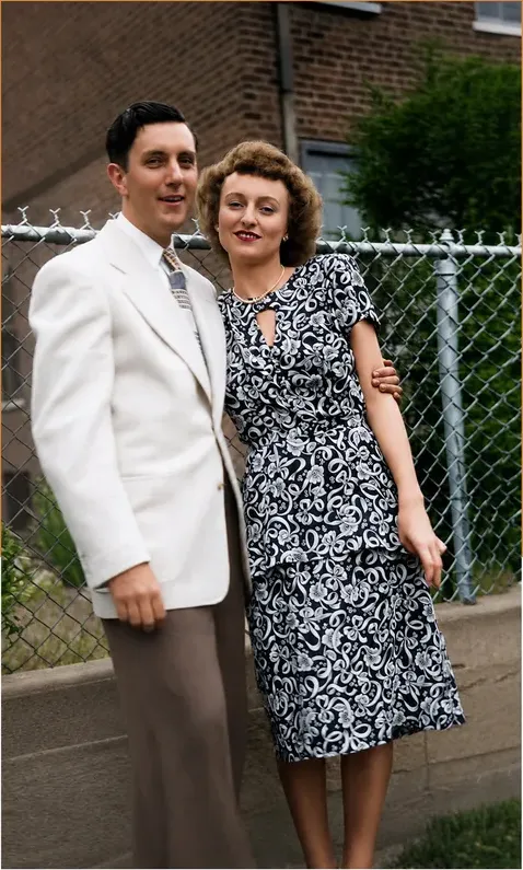 The same pre-1950 photograph after hand colorization by MemoryCherish, natural color added