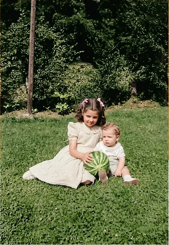 The same 1950s-1970s photograph after hand colorization by MemoryCherish, natural color added