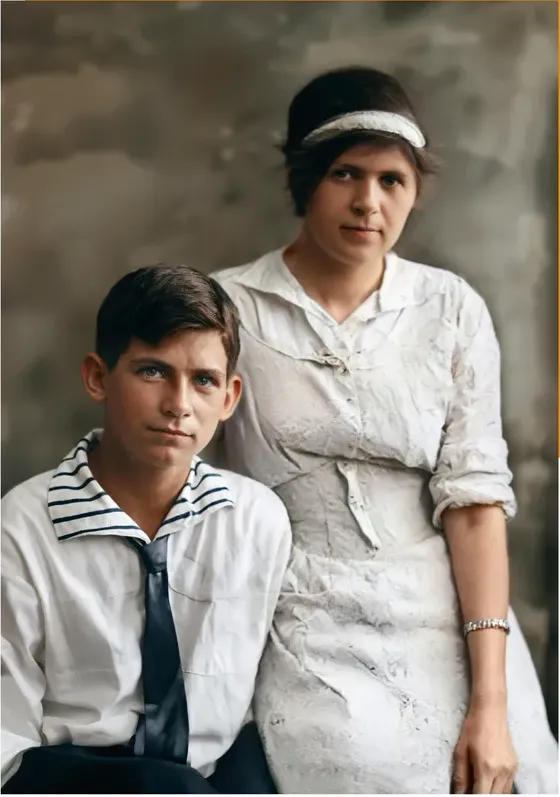 The same pre-1950 photograph after hand colorization by MemoryCherish, natural color added