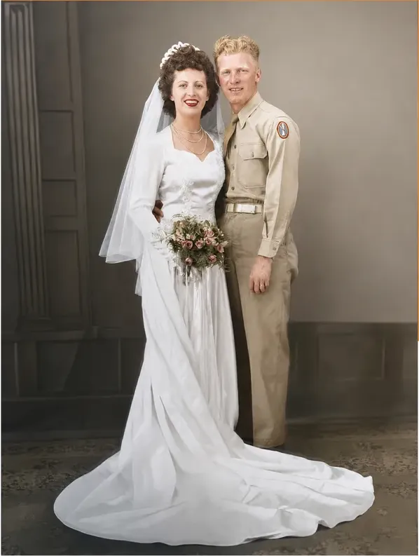 The same pre-1950 photograph after hand colorization by MemoryCherish, natural color added