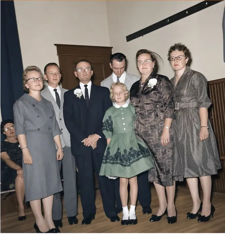 The same 1950s-1970s photograph after hand colorization by MemoryCherish, natural color added