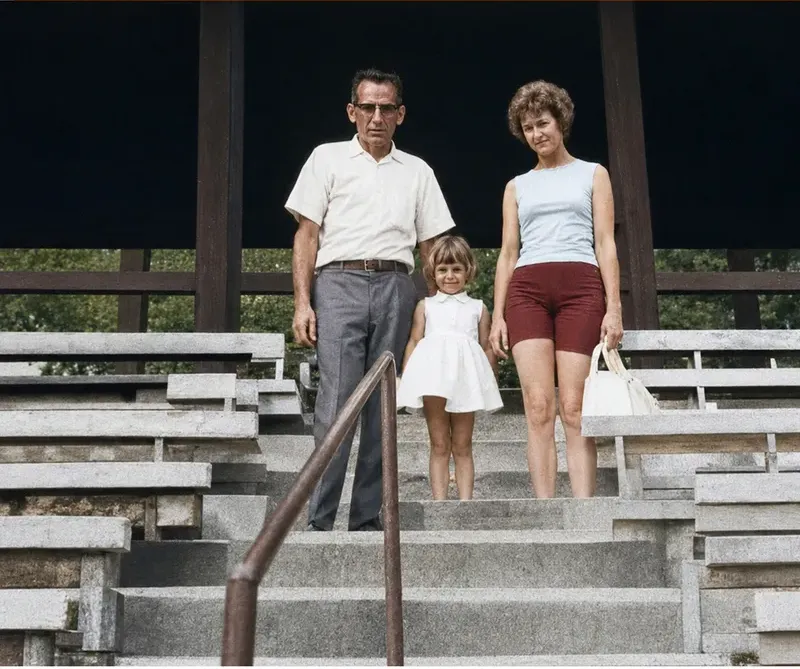 The same 1950s-1970s photograph after hand colorization by MemoryCherish, natural color added