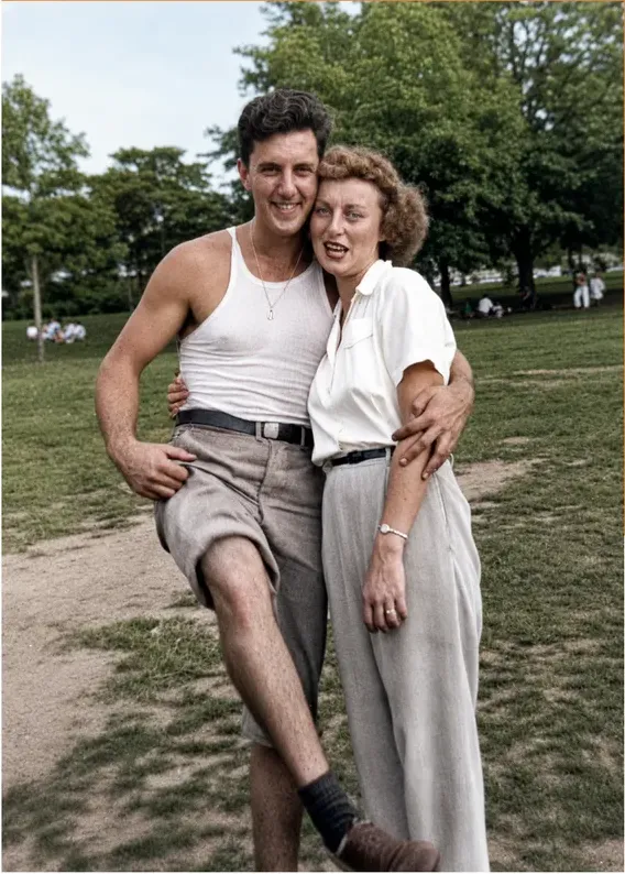 The same pre-1950 photograph after hand colorization by MemoryCherish, natural color added