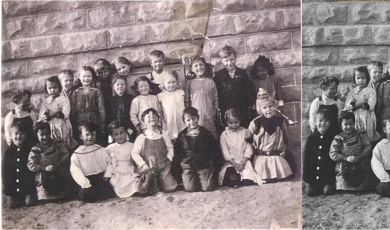 Black-and-white pre-1950 photograph before hand colorization by MemoryCherish artists