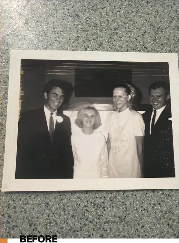 Black-and-white 1950s-1970s photograph before hand colorization by MemoryCherish artists