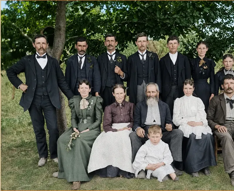The same pre-1950 photograph after hand colorization by MemoryCherish, natural color added
