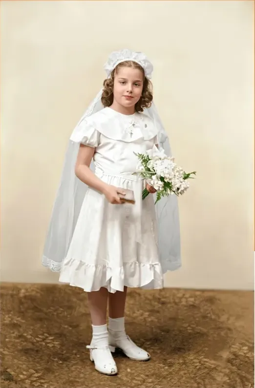 The same pre-1950 photograph after hand colorization by MemoryCherish, natural color added