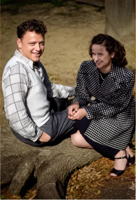 The same pre-1950 photo restored by hand at MemoryCherish, discoloration corrected and clarity brought back