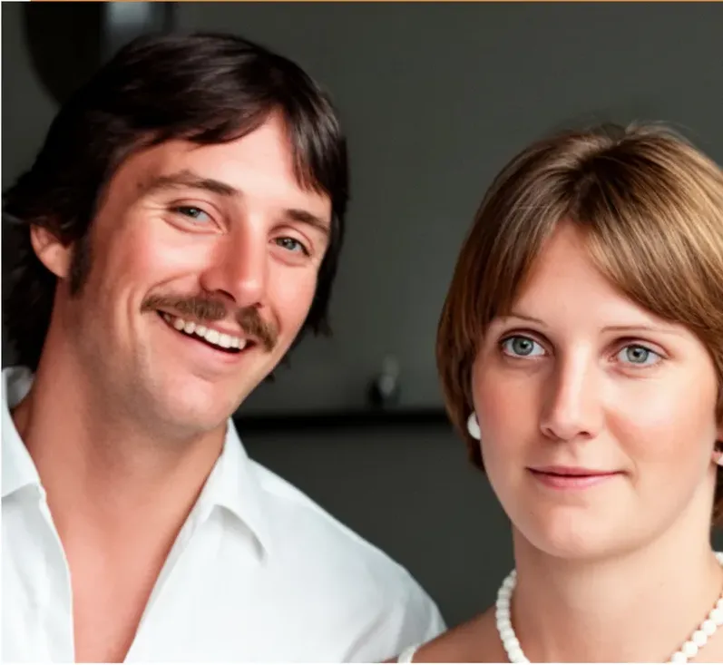 The same 1980s-plus photo restored by hand at MemoryCherish, creases and tears corrected and clarity brought back