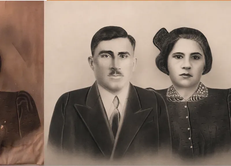 The same pre-1950 photograph after hand restoration by MemoryCherish, creases and tears repaired and detail recovered