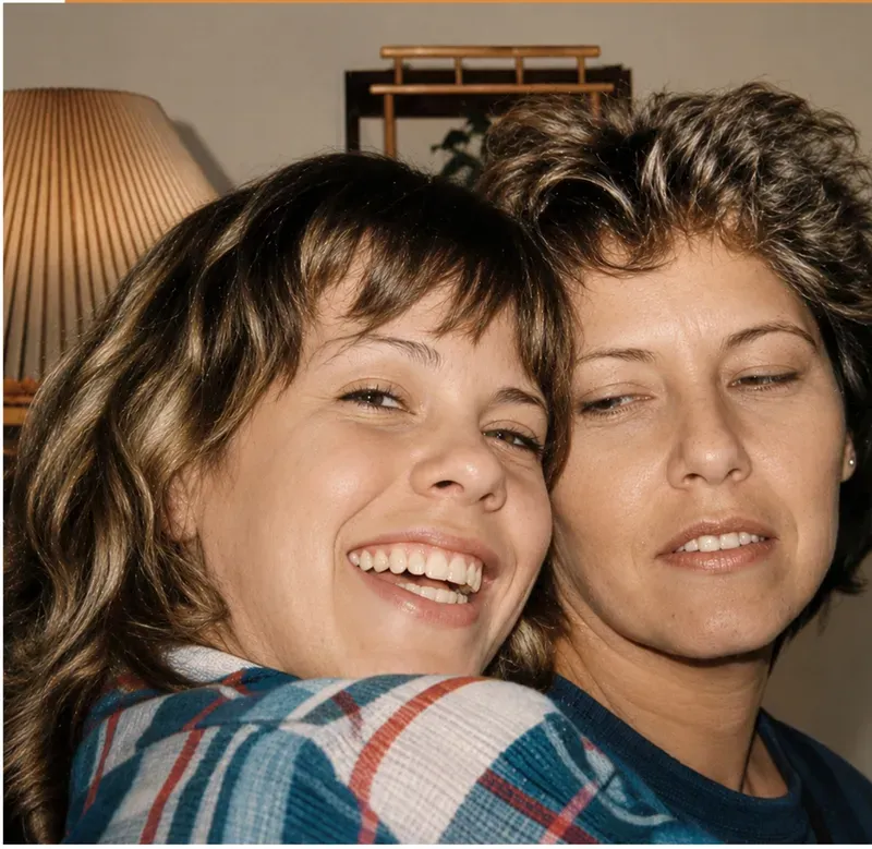The same 1980s-plus photo restored by hand at MemoryCherish, water damage corrected and clarity brought back