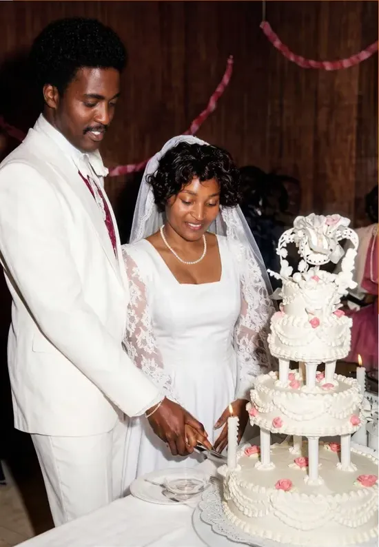The same 1980s-plus photograph after hand restoration by MemoryCherish, discoloration repaired and detail recovered