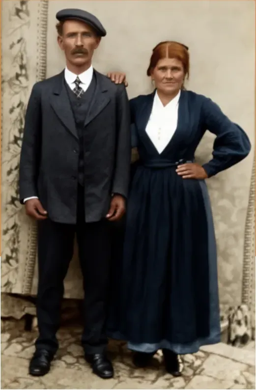 The same pre-1950 photograph after hand colorization by MemoryCherish, natural color added