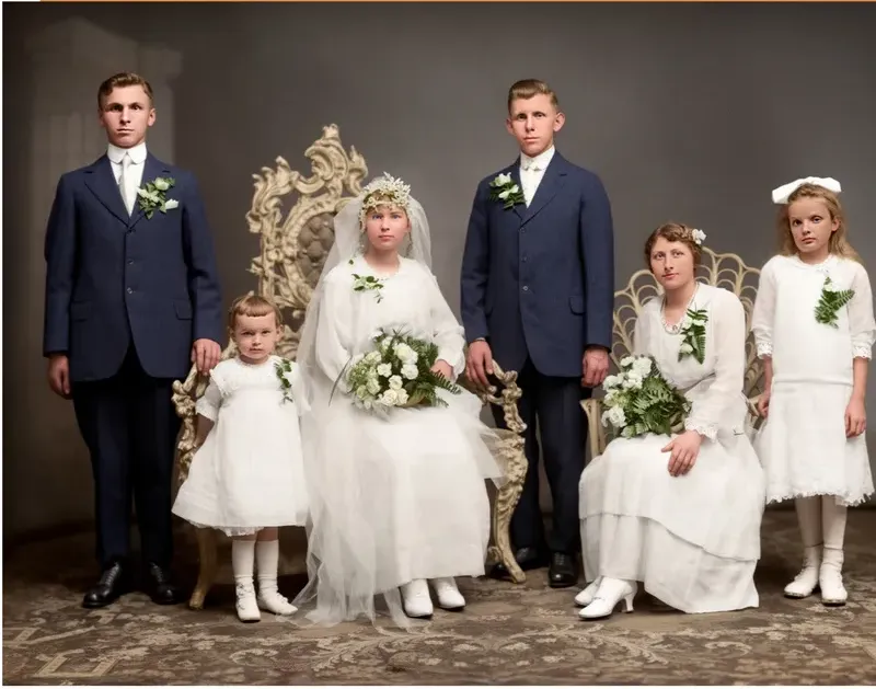 The same pre-1950 photograph after hand colorization by MemoryCherish, natural color added