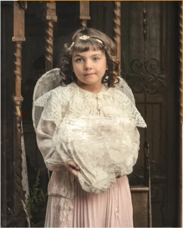 The same pre-1950 photograph after hand colorization by MemoryCherish, natural color added