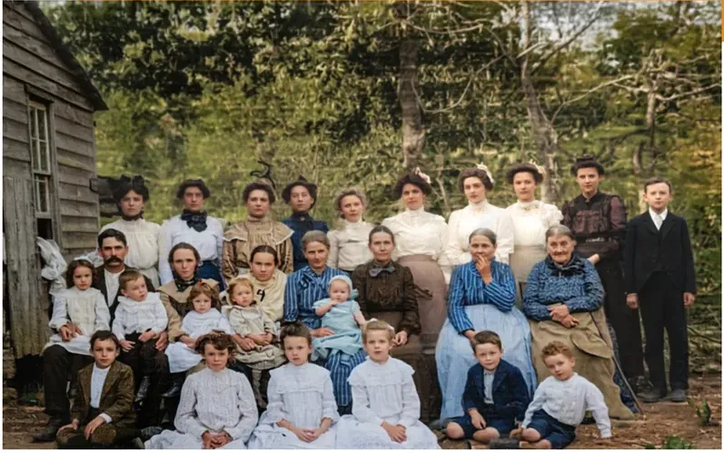 The same pre-1950 photograph after hand colorization by MemoryCherish, natural color added