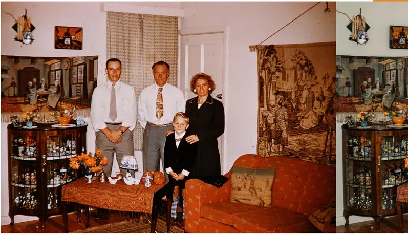 Discoloration on a 1950s-1970s photograph, before hand restoration by MemoryCherish artists