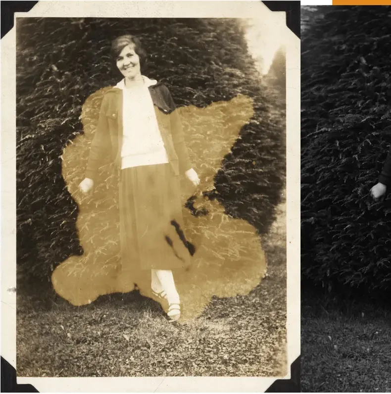 Water damage on a pre-1950 photograph, before hand restoration by MemoryCherish artists