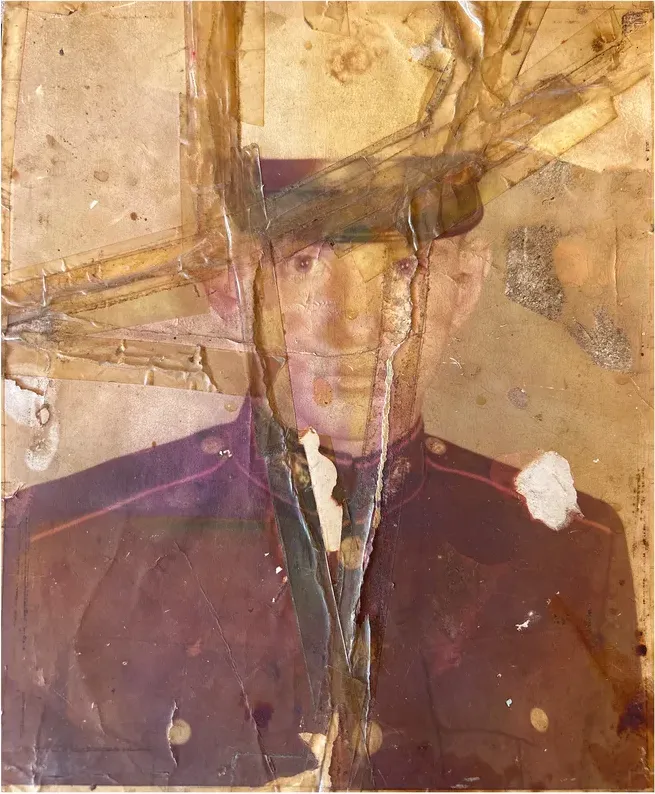 Water damage on a 1950s-1970s photograph, before hand restoration by MemoryCherish artists