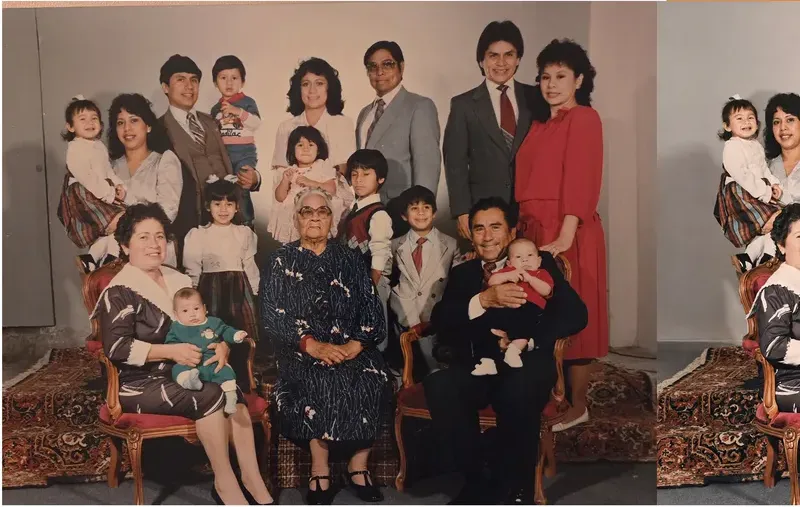 Discoloration on a 1980s-plus photograph, before hand restoration by MemoryCherish artists