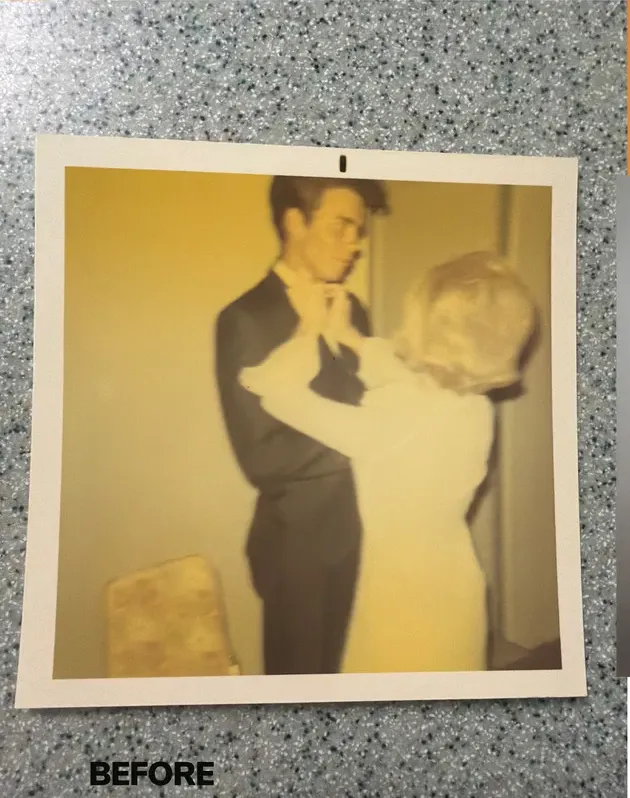 Discoloration on a 1950s-1970s photograph, before hand restoration by MemoryCherish artists