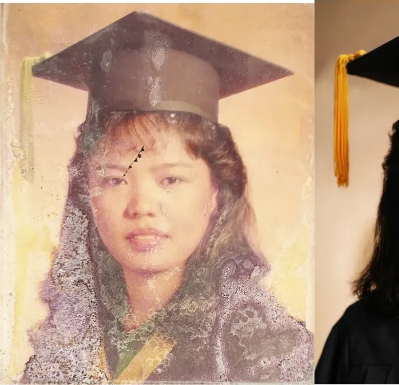 Water damage on a 1980s-plus photograph, before hand restoration by MemoryCherish artists