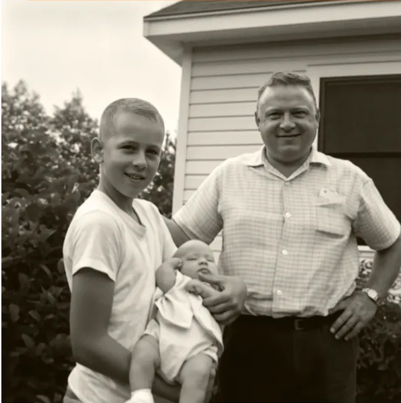 The same 1950s-1970s photo restored by hand at MemoryCherish, scratches corrected and clarity brought back