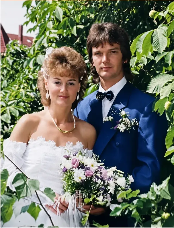The same 1980s-plus photograph after hand restoration by MemoryCherish, creases and tears repaired and detail recovered