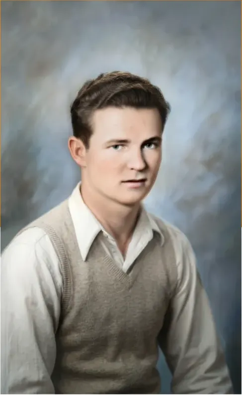 The same pre-1950 photograph after hand restoration by MemoryCherish, stains and marks repaired and detail recovered