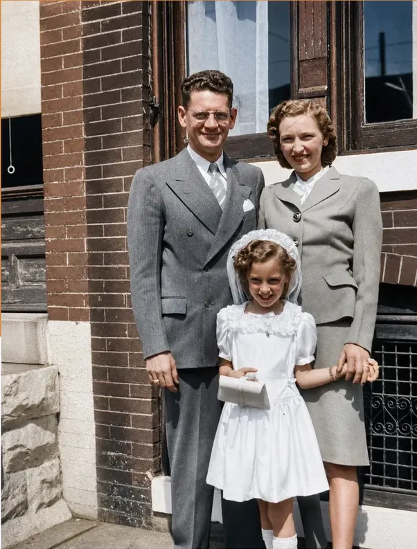 The same pre-1950 photograph after hand colorization by MemoryCherish, natural color added