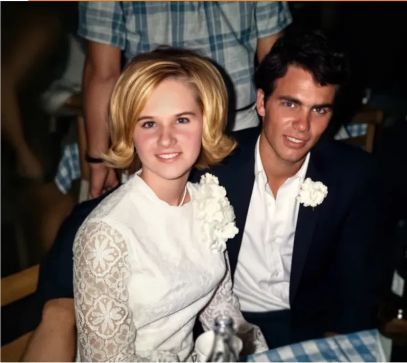 The same 1950s-1970s photograph after hand restoration by MemoryCherish, stains and marks repaired and detail recovered