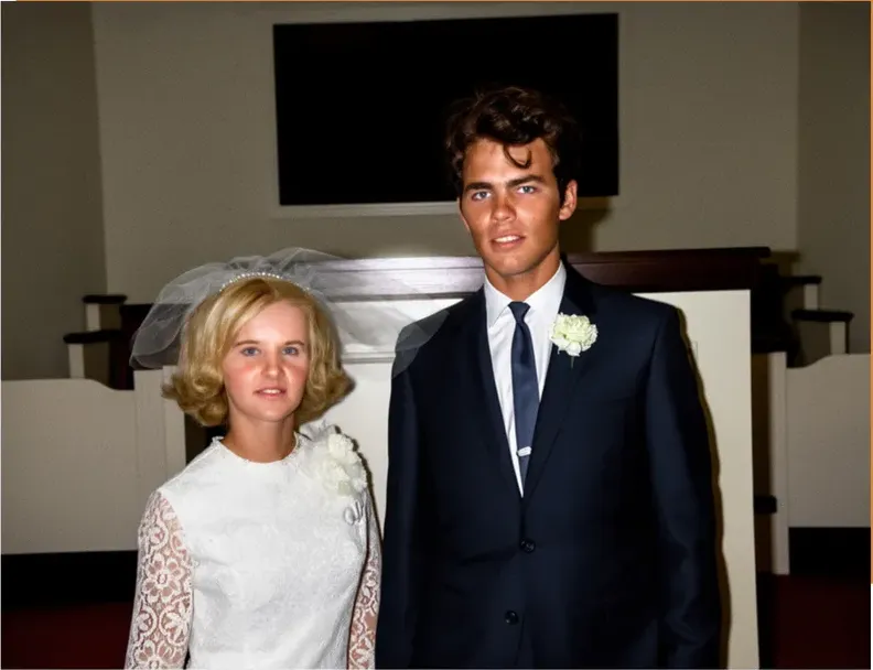 The same 1950s-1970s photograph after hand colorization by MemoryCherish, natural color added