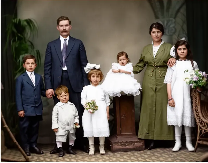 The same pre-1950 photograph after hand colorization by MemoryCherish, natural color added