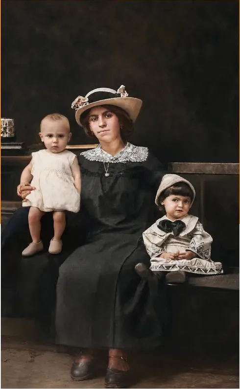 The same pre-1950 photograph after hand colorization by MemoryCherish, natural color added
