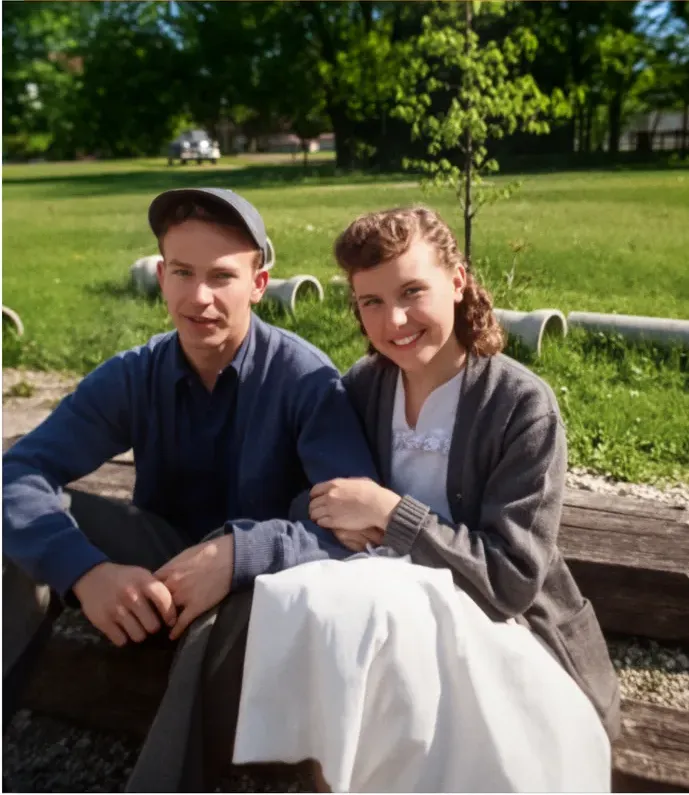 The same 1950s-1970s photograph after hand colorization by MemoryCherish, natural color added