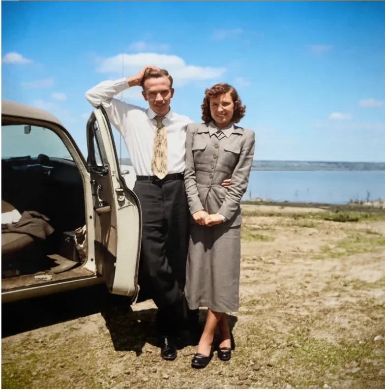 The same 1950s-1970s photograph after hand colorization by MemoryCherish, natural color added