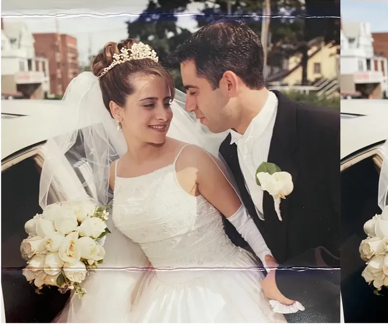 Creases and tears on a 1980s-plus photograph, before hand restoration by MemoryCherish artists