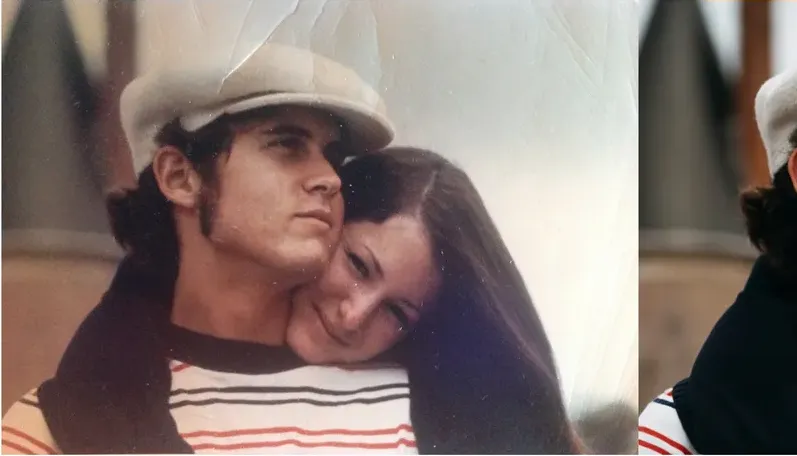 Creases and tears on a 1950s-1970s photograph, before hand restoration by MemoryCherish artists